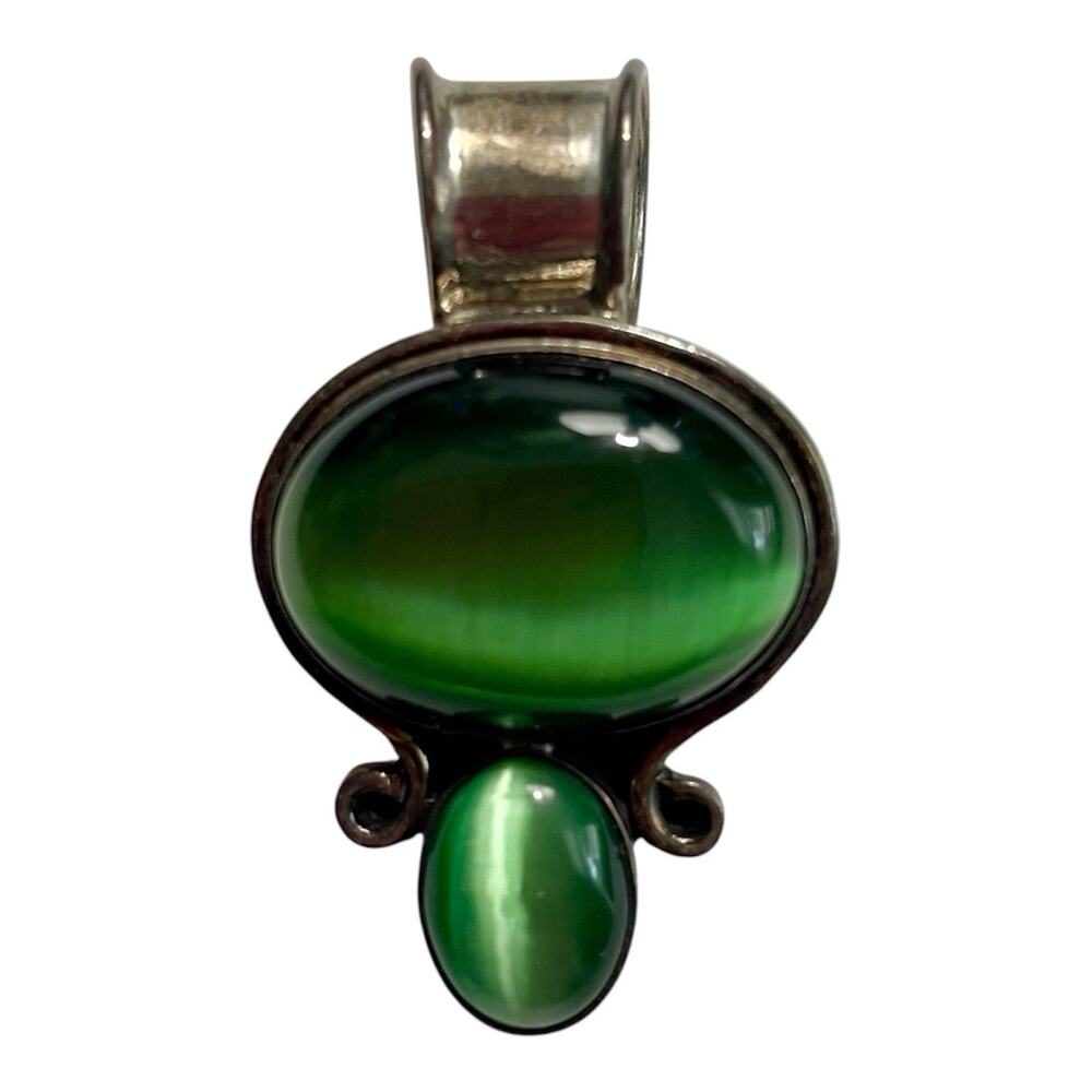 VTG Sterling Silver Mexico 925 Green Cats Eye Pendant Oval Cabochons Artisan